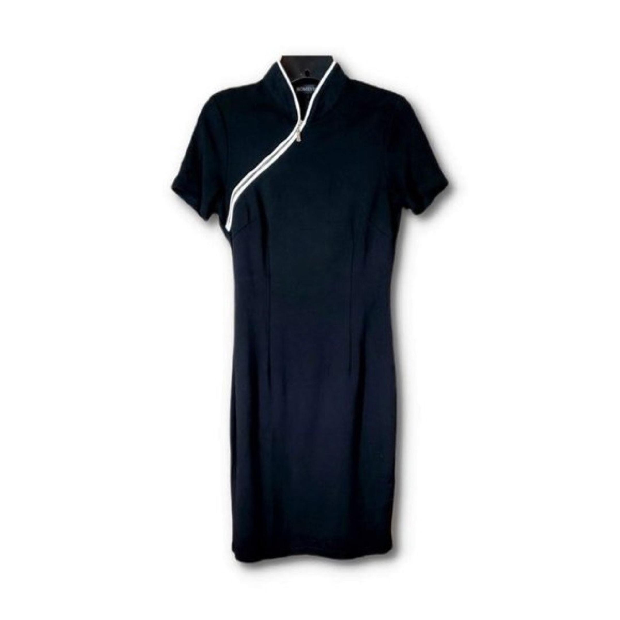 Homeyee Short Sleeve Retro Zip Detail Black Dress