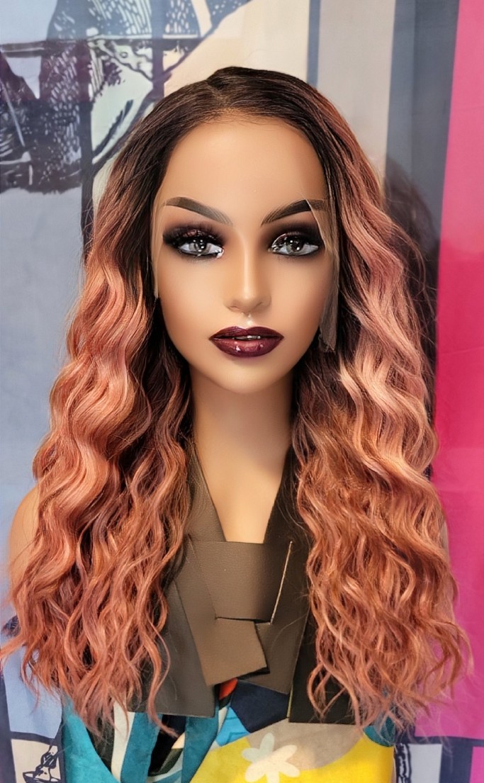 Wowfactor wavy hd lace pink brown root rose gold human blended wig