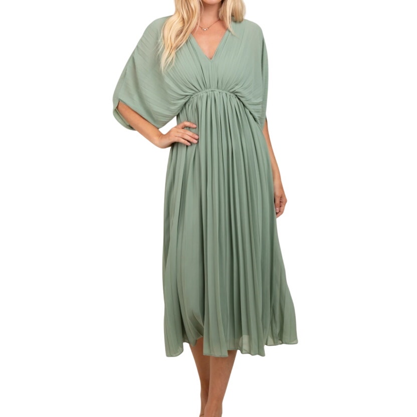 Dress Day V-Neck Pleated Midi Dress in Green, Size L