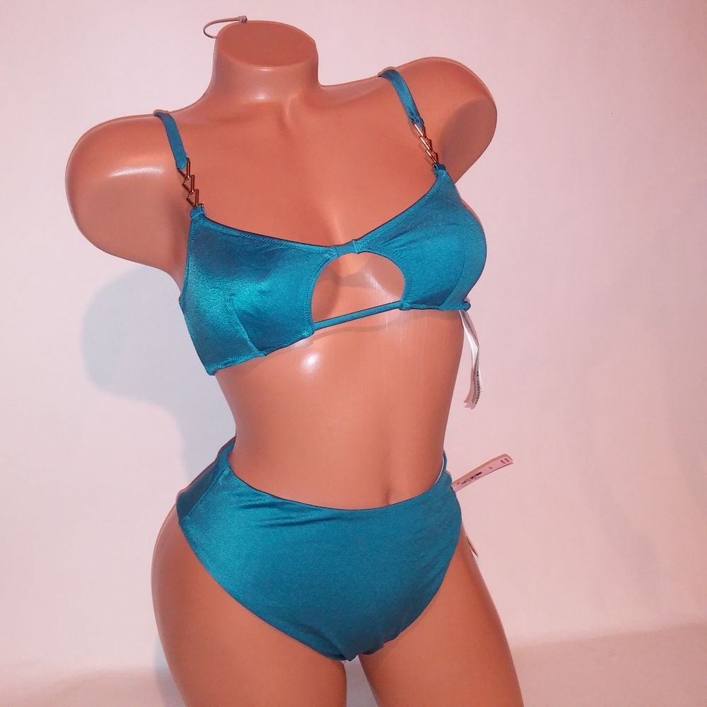 Victoria Secret Swim Bikini Small Top & Bottom Blue Gold Chain Links Cutout Cent