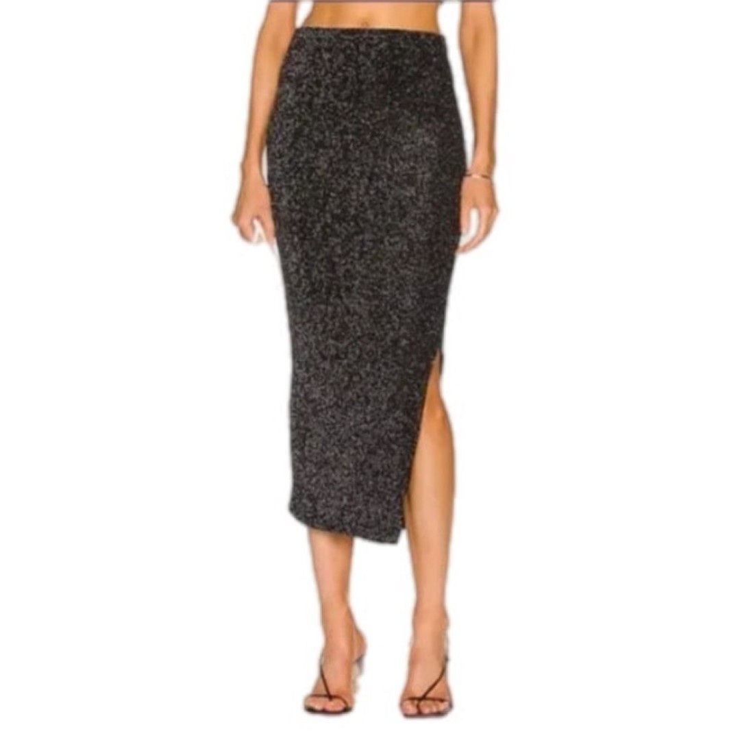 House of Harlow High Waist Meta Pencil Knit Ribbed Skirt Metallic