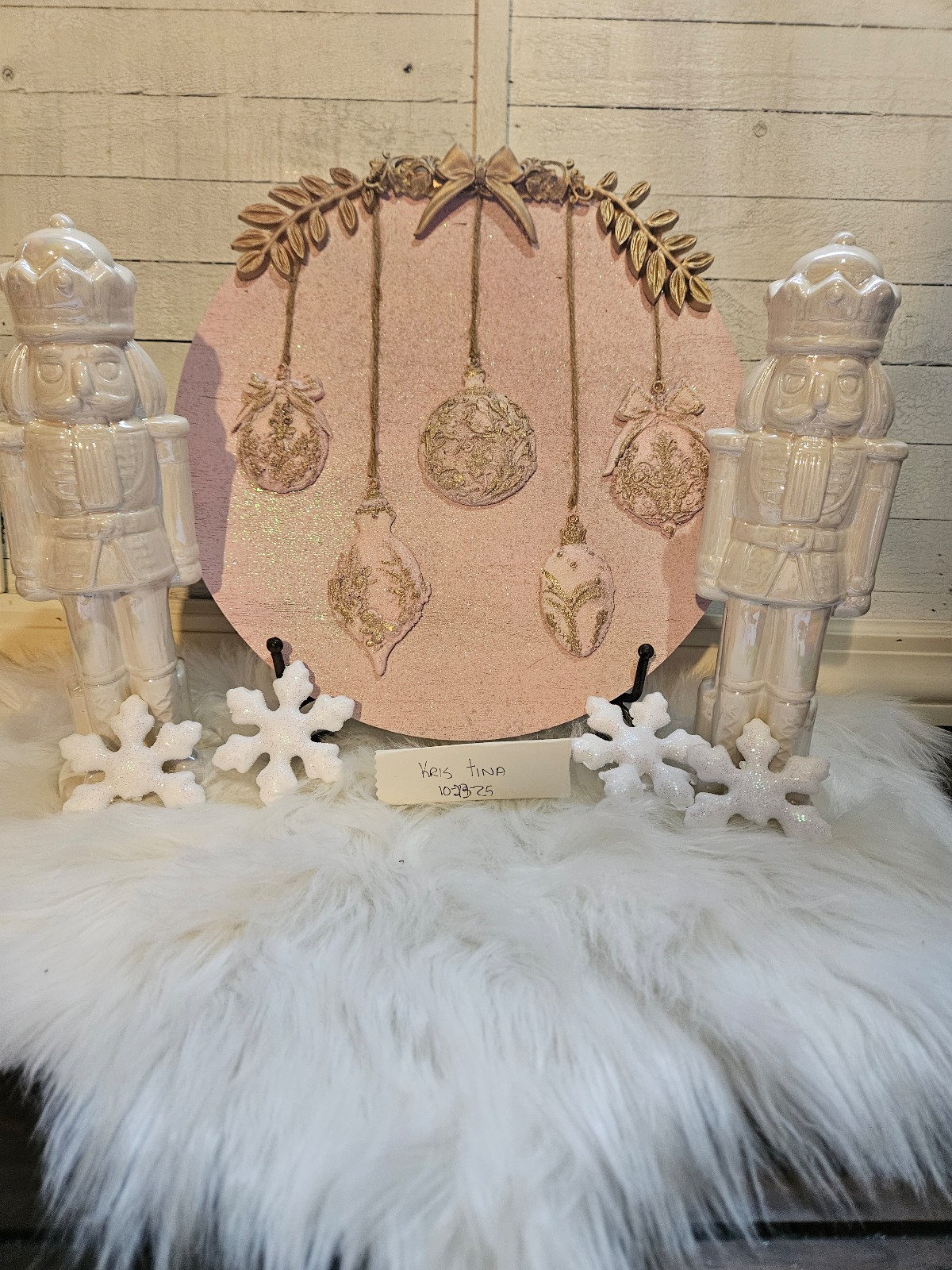 Pinkmas pink themed handmade and painted sparkle ornament board