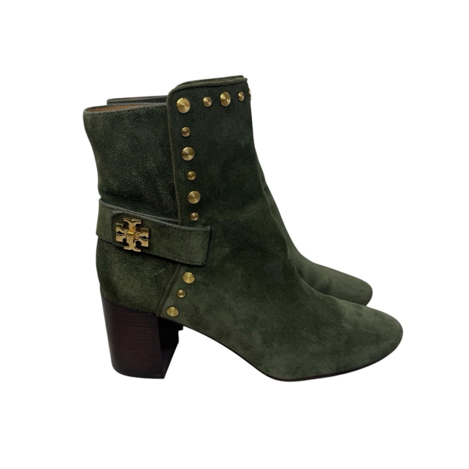 TORY BURCH KIRA 70 MM Olive Green Suede Ankle Boots Gold Studs Block Heel Sz 9