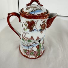 Japanese China Small Chocolate Teapot Creamer Geisha Floral Red-Orange 1921-1941