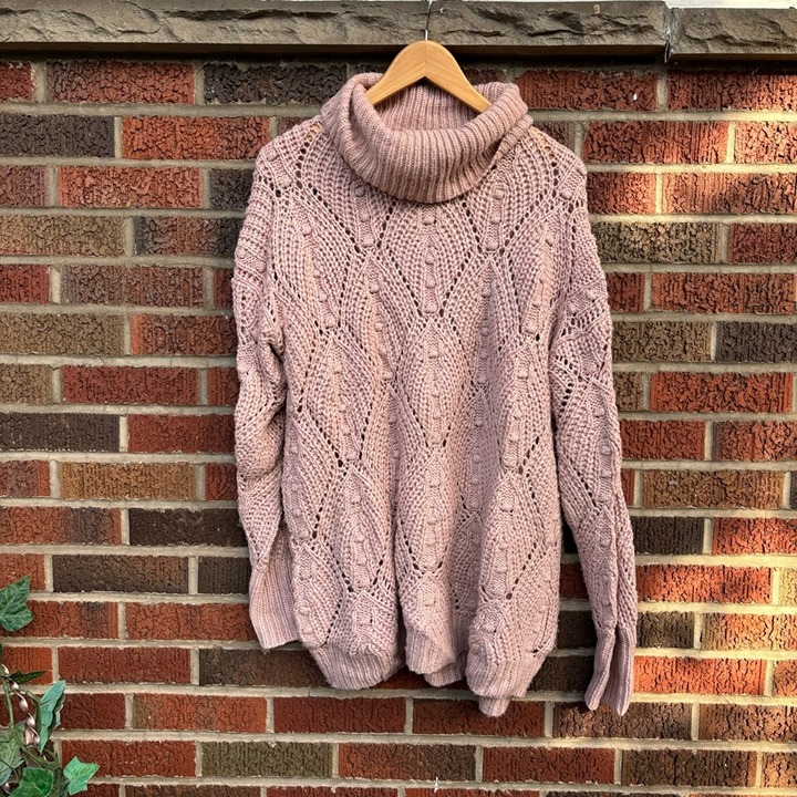 A new day Dusty Pink Open Knit Turtle Neck Puff Knit Sweater