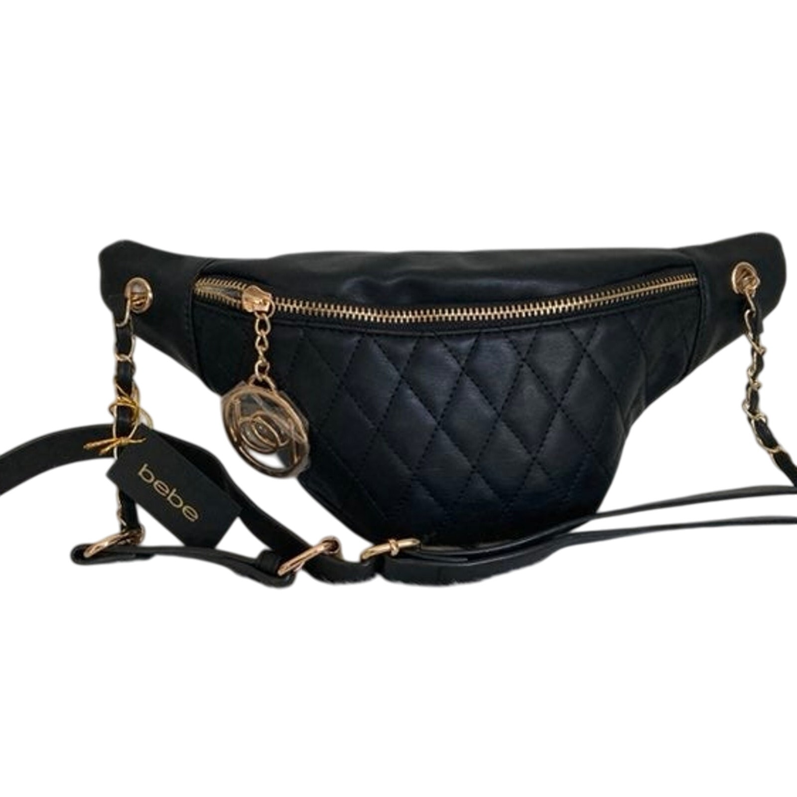 Brand new Bebe Lia Sling Bag Black Gold Zip Waist Designer Fanny Pack