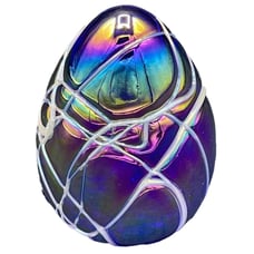 Vintage Levay Studio Blue Banded Carnival Iridescent Art Glass Paperweight
