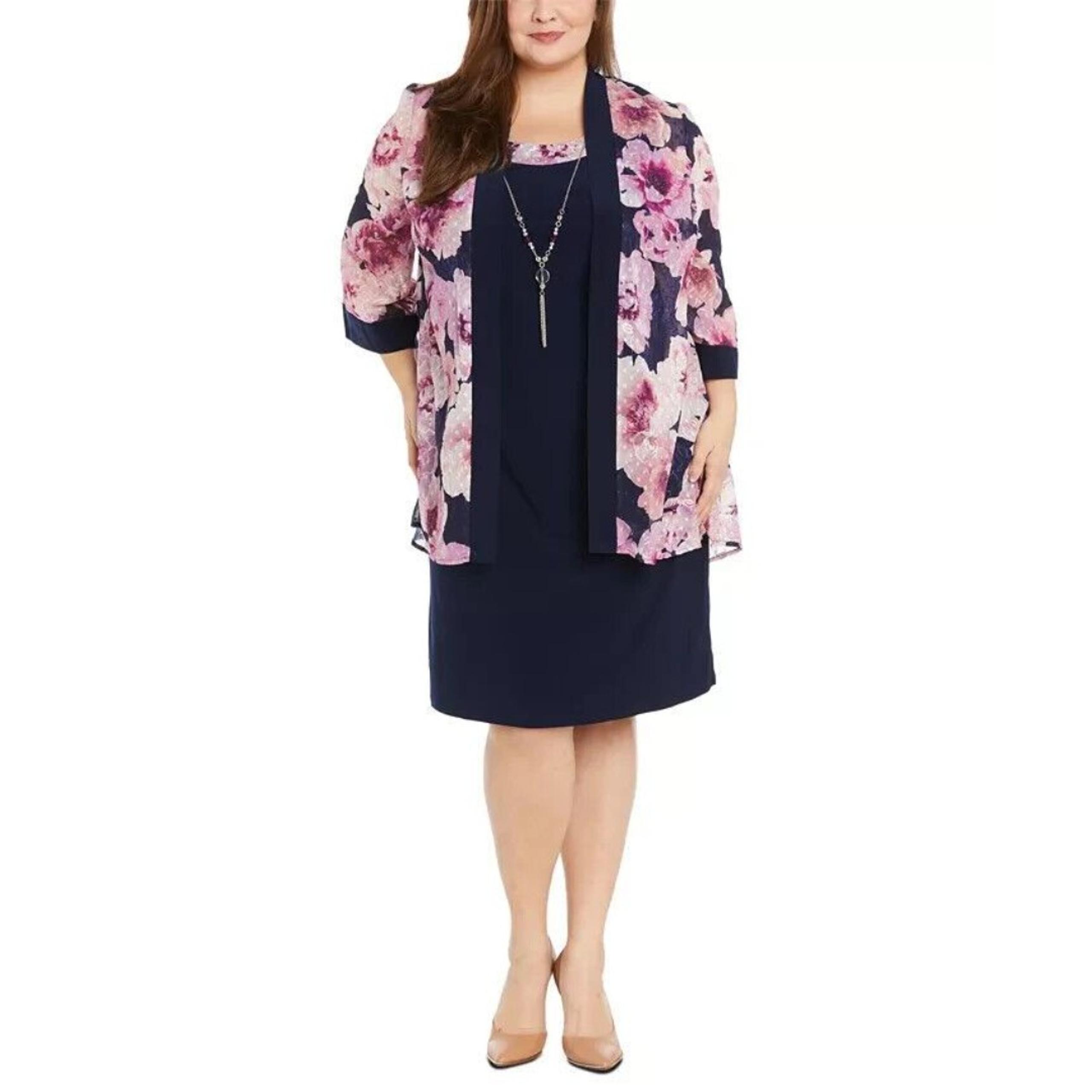 R & M Richards Women's Plus Size Printed Jacket & Necklace Dress navy mauve 14W