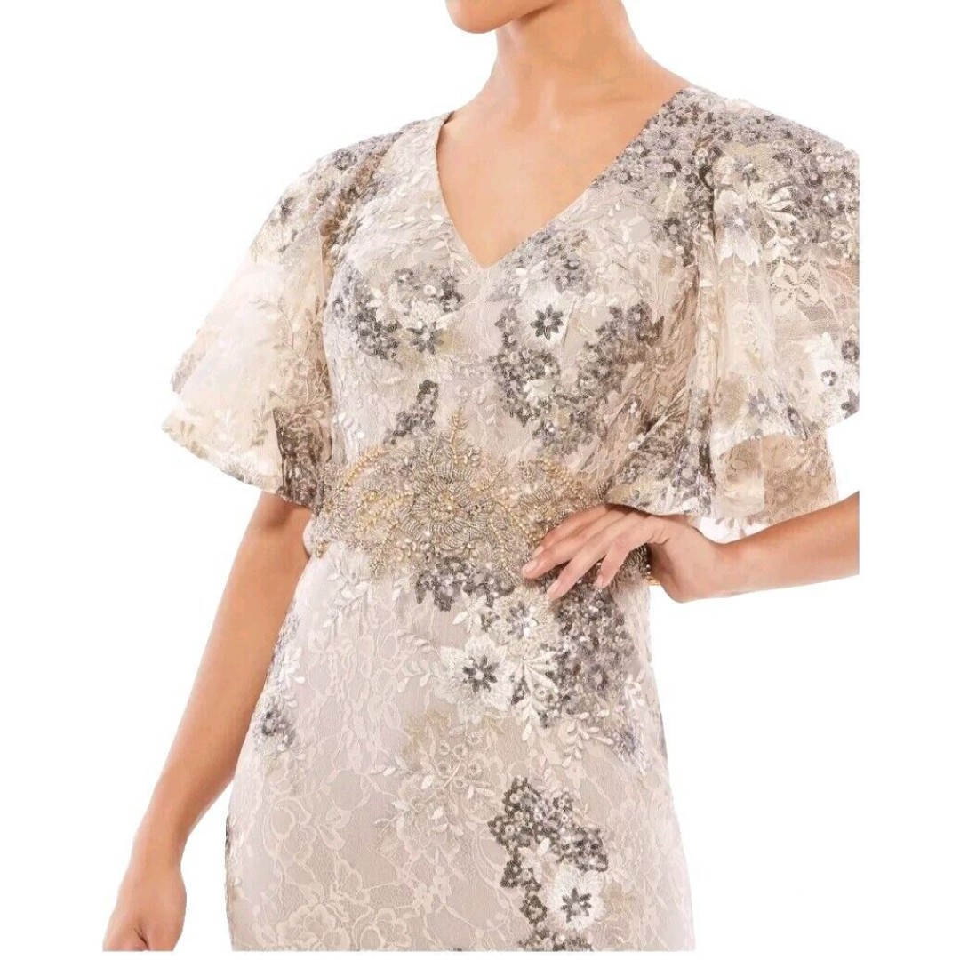 MAC DUGGAL 67842 Taupe Beaded Embroidered Lace Bell Sleeve Gown Womens (12) 698