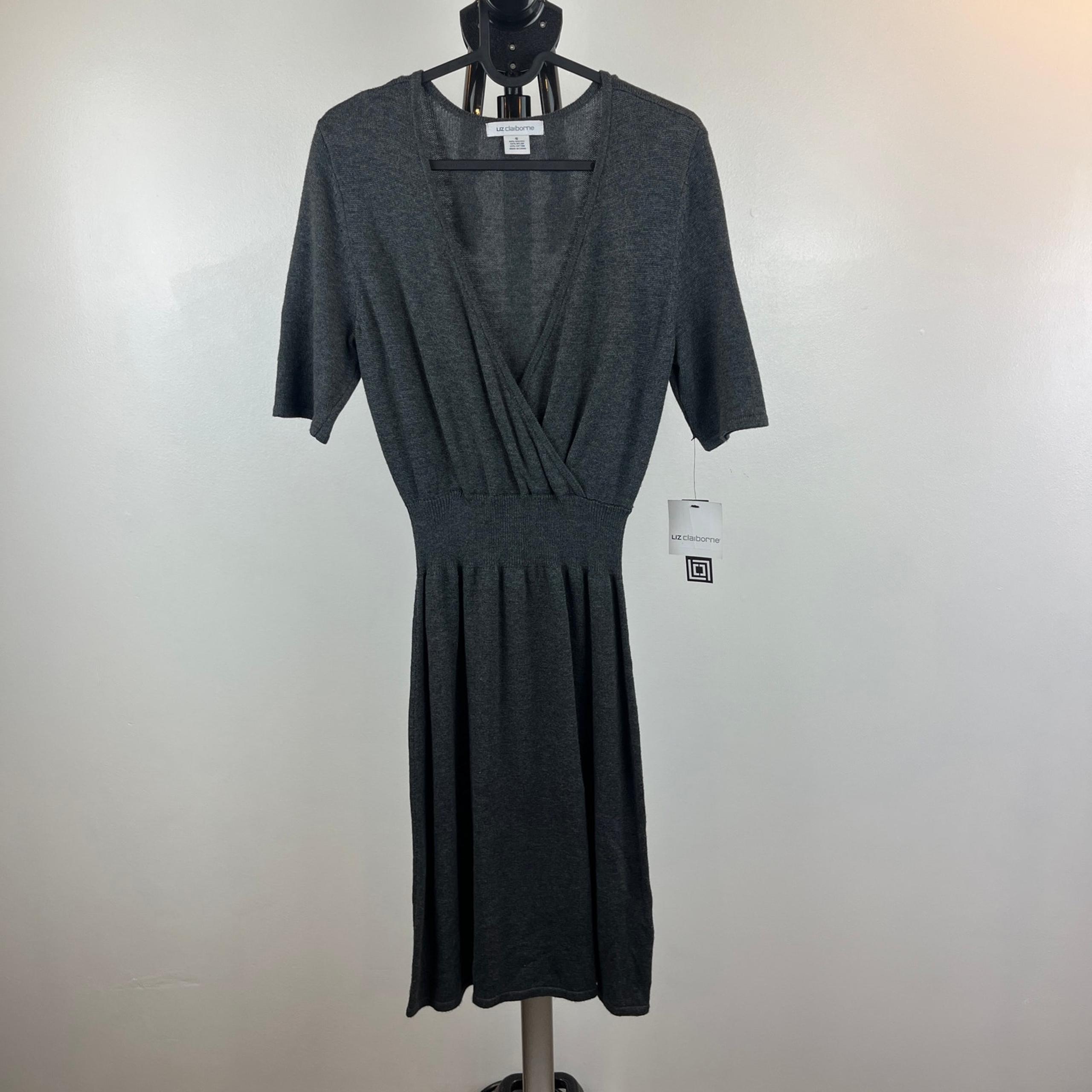 NWT Liz Claiborne Midi Sweater Dress V-Neck Short Sleeve Gray Size Small
