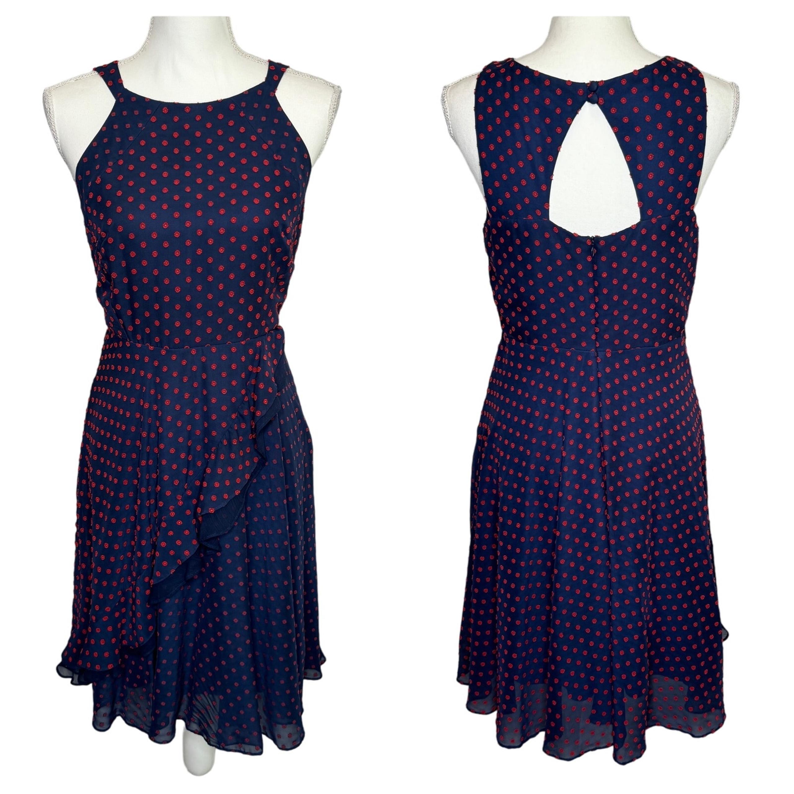 Eva Franco Maryanne Dress in Navy Red Dot Size 6 Halter Ruffle Skirt Back Cutout
