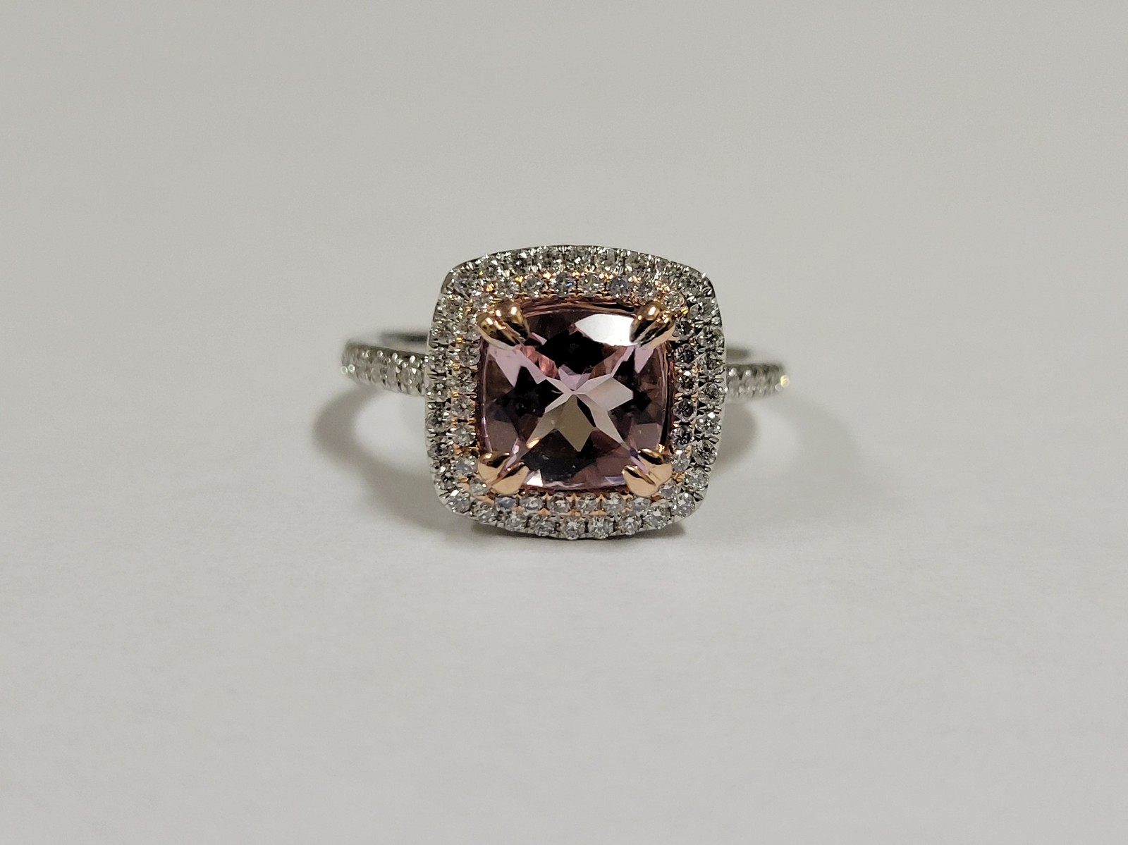 14k Cushion-Cut Pink Morganite Double Halo Round Diamonds White & Rose Gold Ring