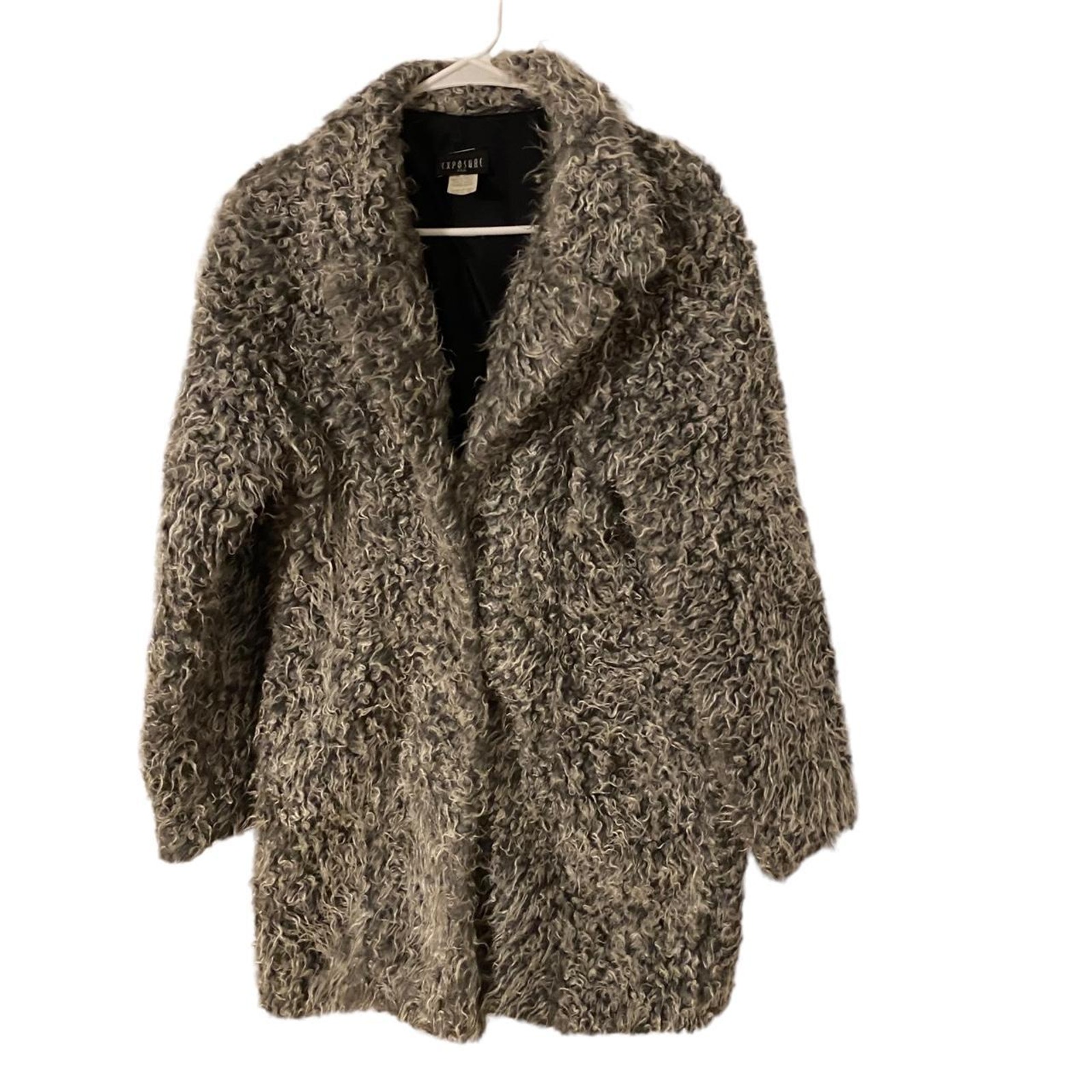 Exposure USA Shag Fuzzy Pea Coat Womens Size Medium Vintage Y2K Jacket Black