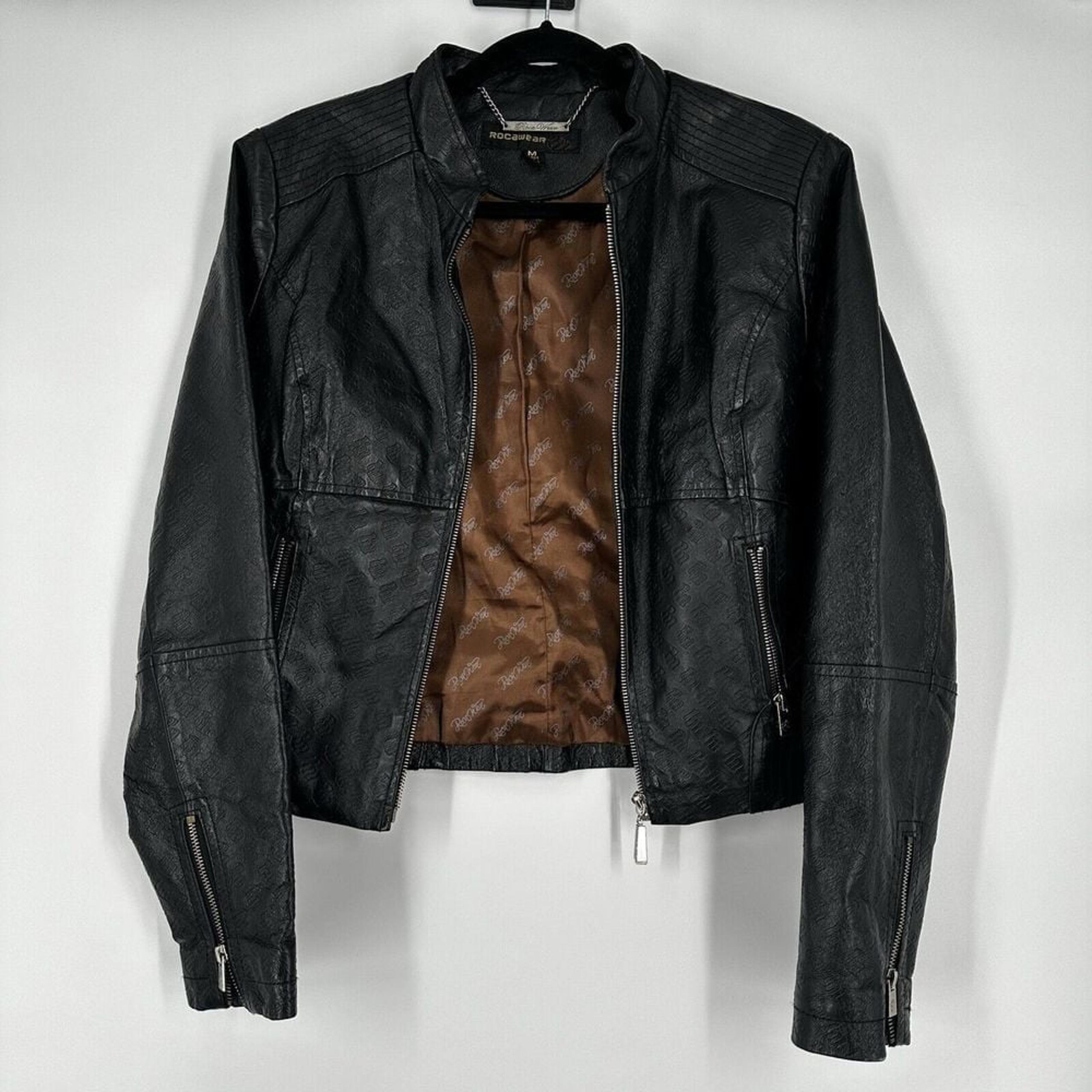 ROCAWEAR Women's 100% Leather Jacket Rare Black Size M ~ RW Logo pattern ~ Chain