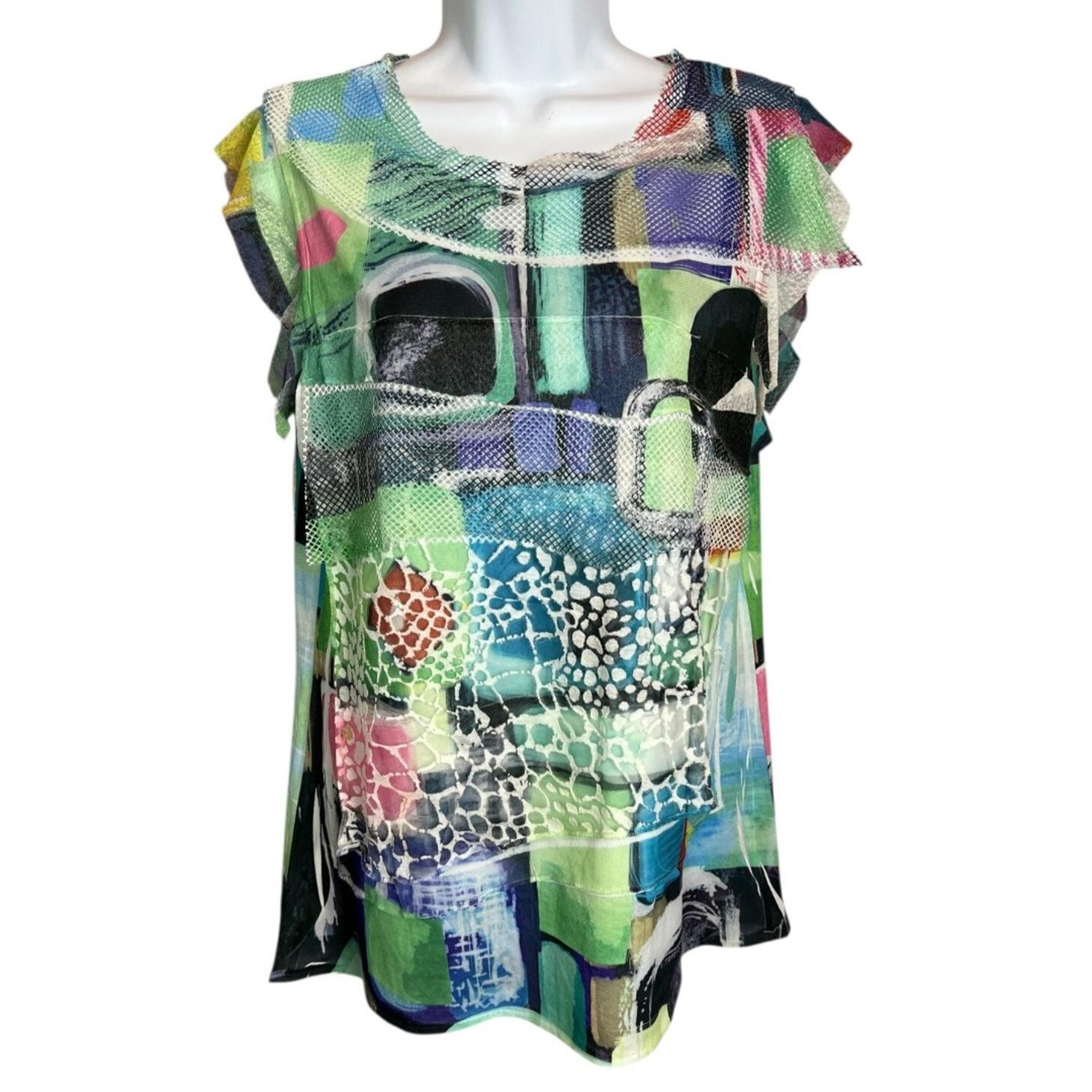 Impulse California Mixed Media Tiered Top  Size S  Abstract Print Wearable Art