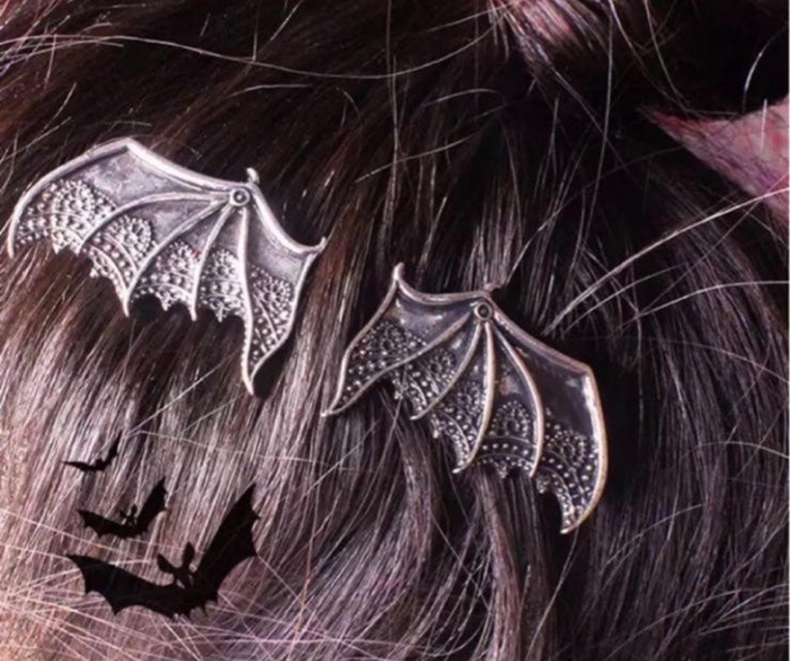 Silver Wings Hair Clips Bat Devil Demon New Set Pair accessories goth vampire