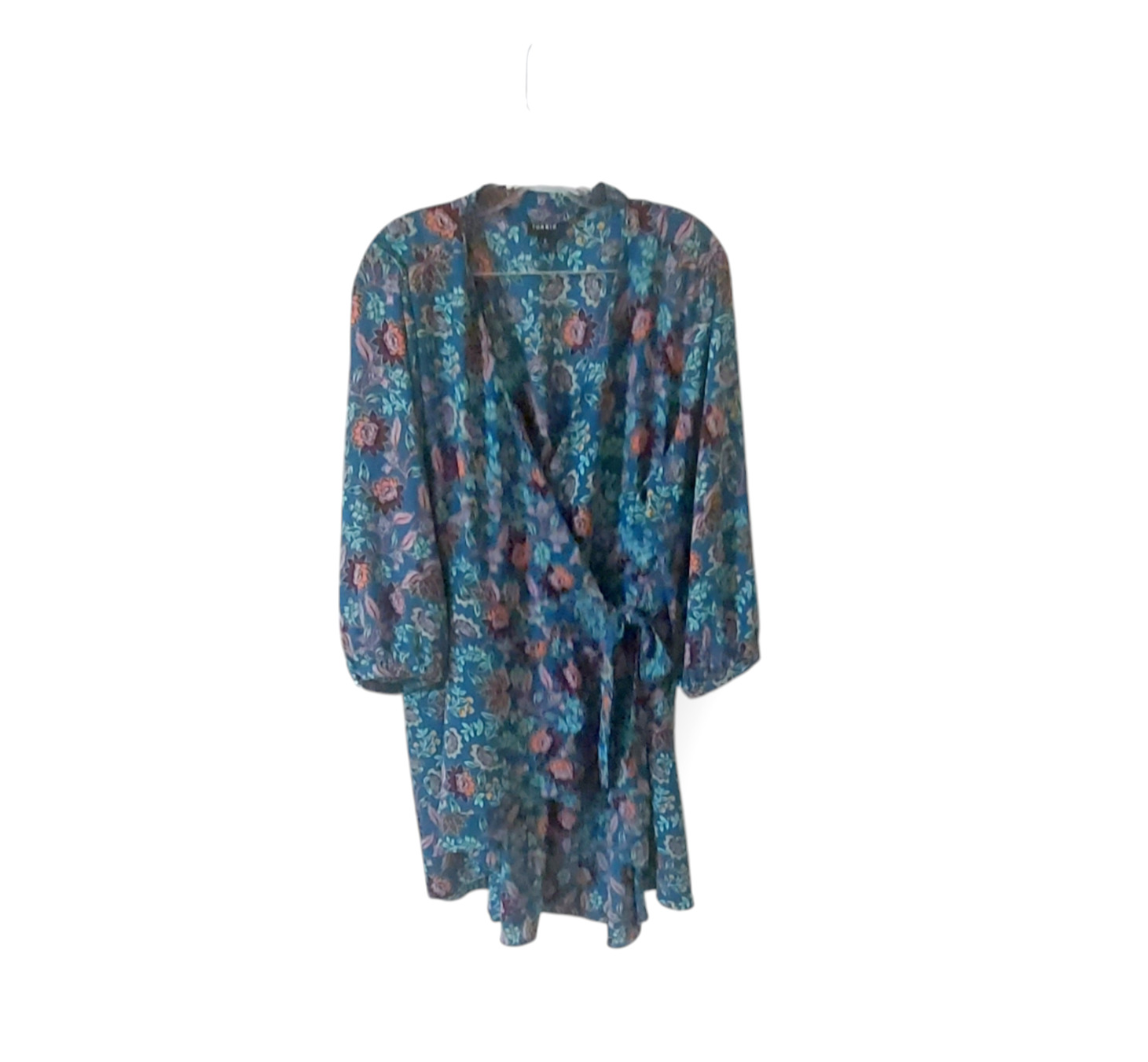 Torrid Blue Pink Floral Hi Lo 3/4 Sleeves Georgette Tunic Wrap Blouse V Neck 3X