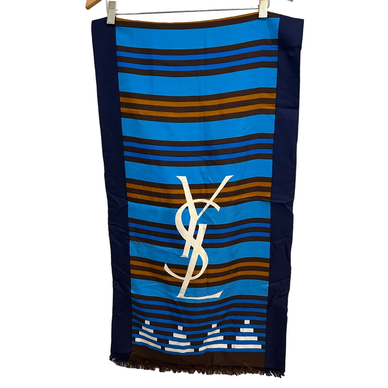 YSL Extra Long Blue Vintage Silk Scarf with Stripes 18 x 67.5