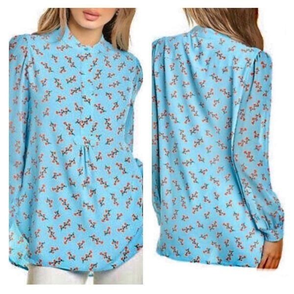 Anne Klein Floral Long Sleeve Blue Tunic Sz 2X
