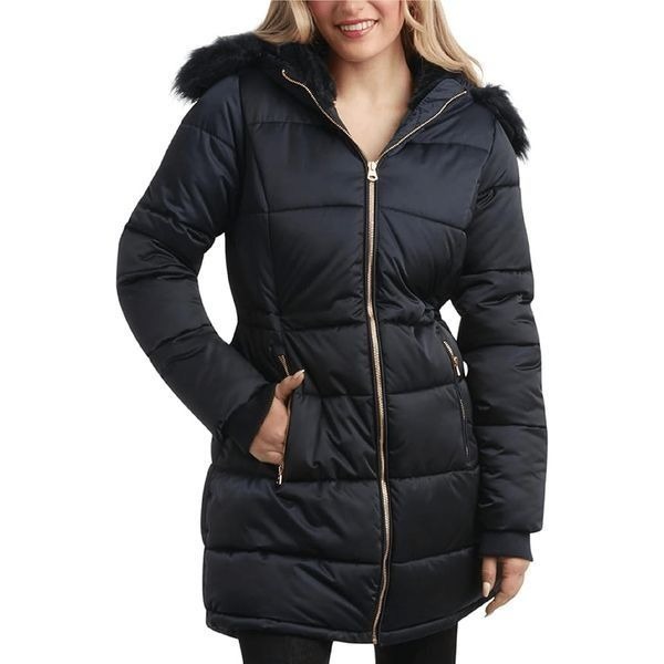 Jessica Simpson Size M Long Puffer Jacket Quilted Faux Fur Trim Hood Insulated C