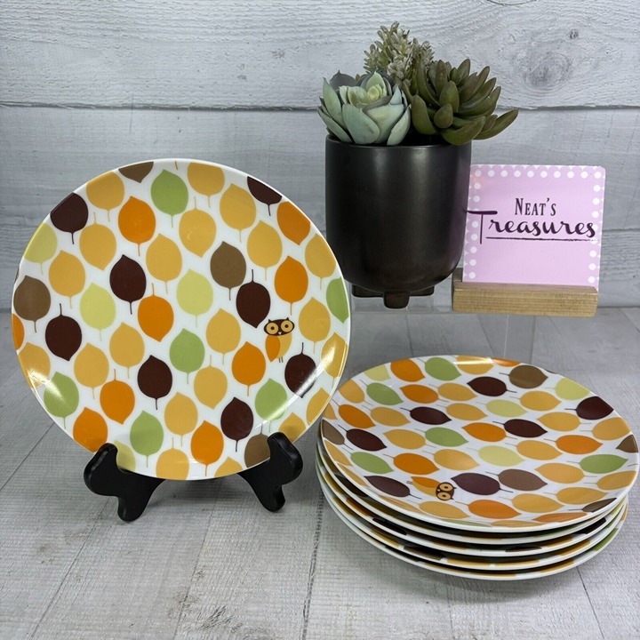 Rachael Ray LITTLE HOOT Autumn Leaves Owl Bands Porcelain Salad Plates Set of 6