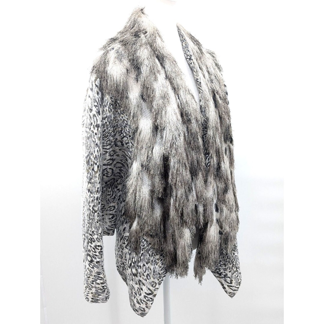 Alberto Makali Wool Black White Snow Leopard Fringe Waterfall Cardigan Size L