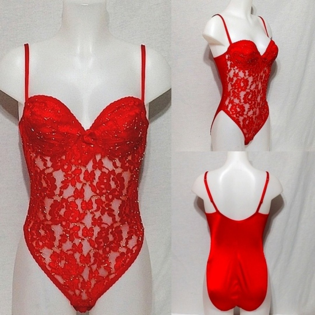 Vintage Victoria's Secret Floral Lace With Metallic Gold Trimmings Bodysuit 36B