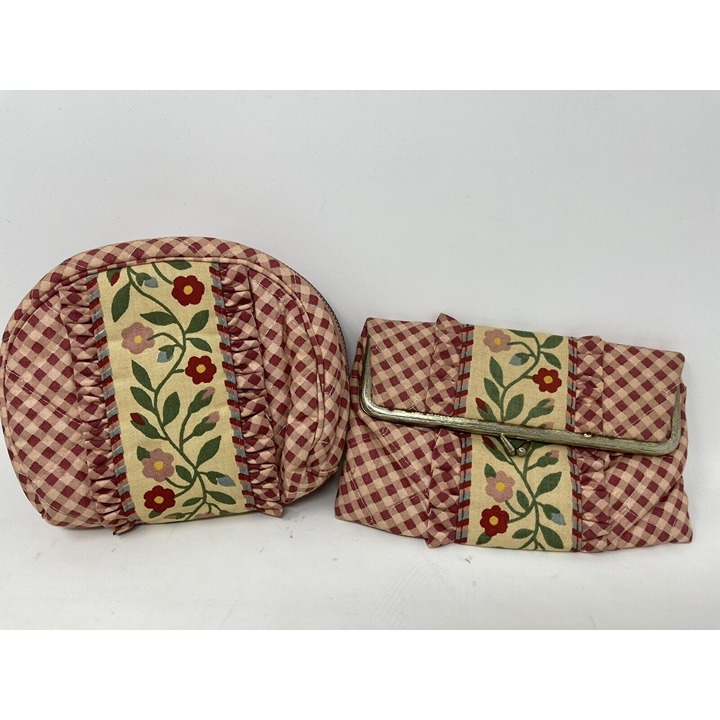 Vintage 2pc Floral Checkered Travel Makeup Bags With Liner & Built In Mirror