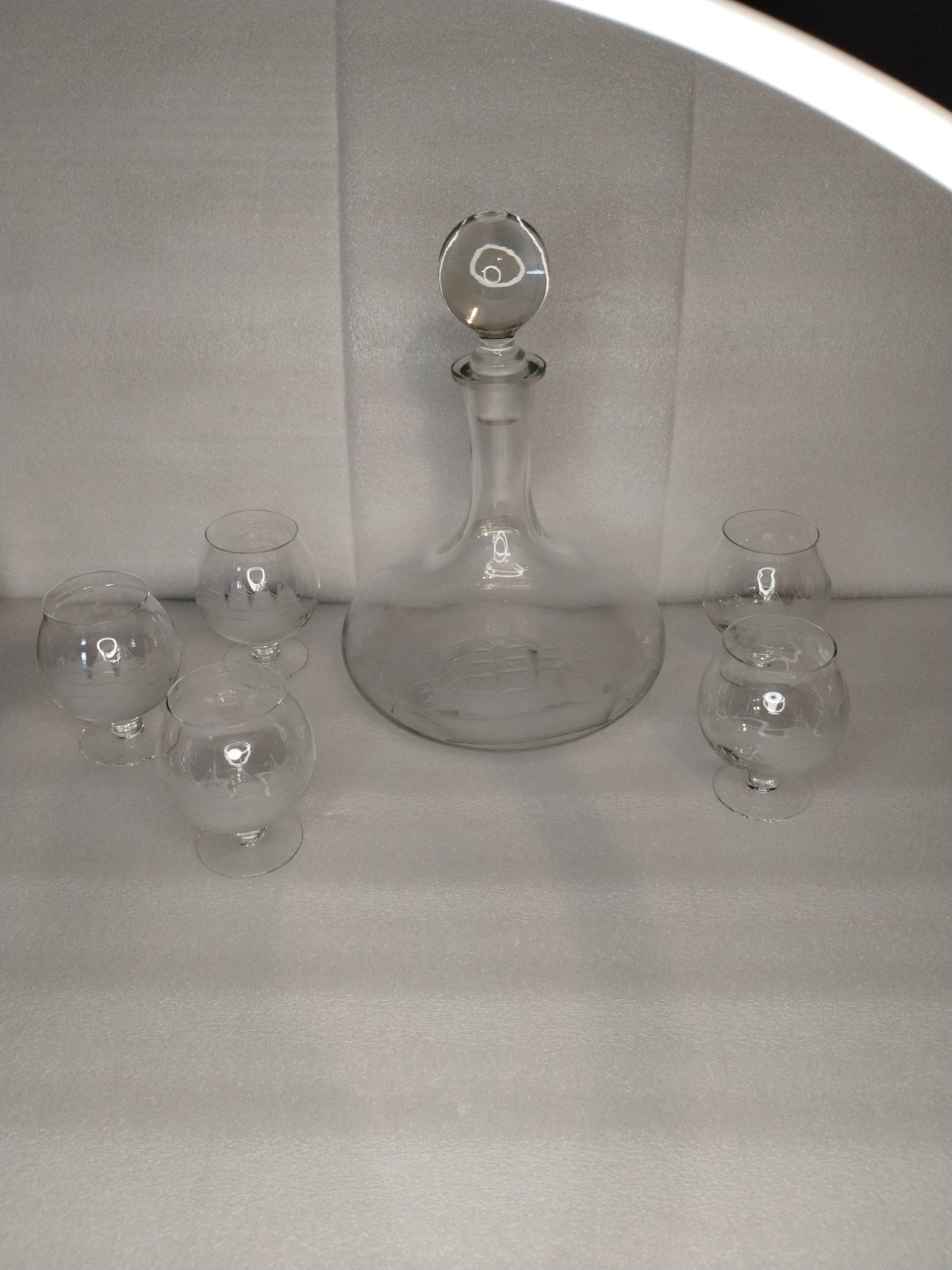 Etched Crystal Clipper Ship Decanter and 5 Snifter Glasses Ship Design Toscany