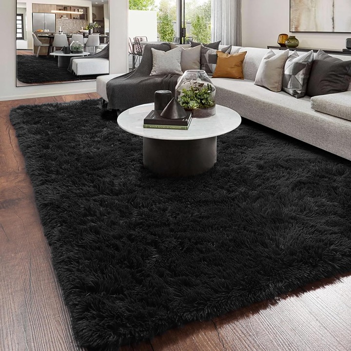 Black Fluffy Living Room Rugs, Furry Area Rug 5x8 for Bedroom-ZMD89