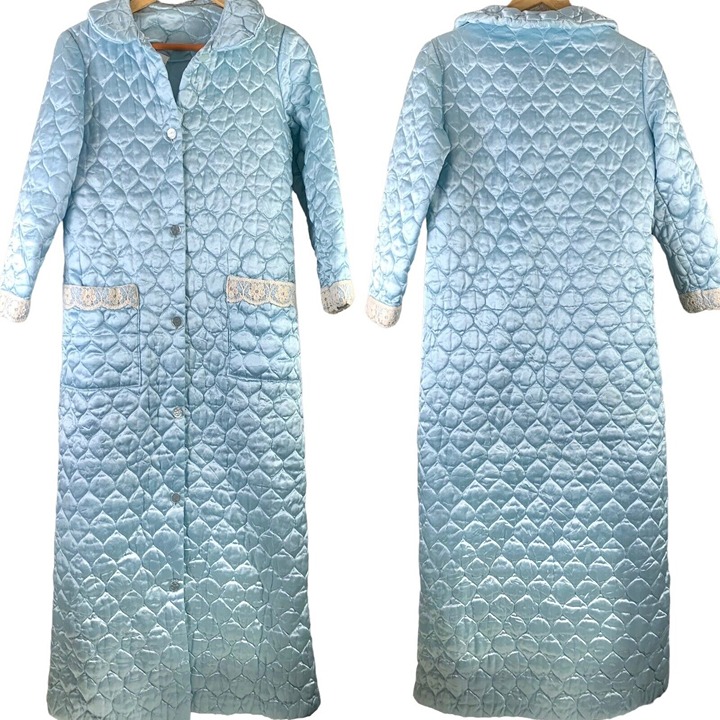 Vintage Duster Robe Quilted Satin Baby Blue Button Up Pockets Youth 12 AS IS