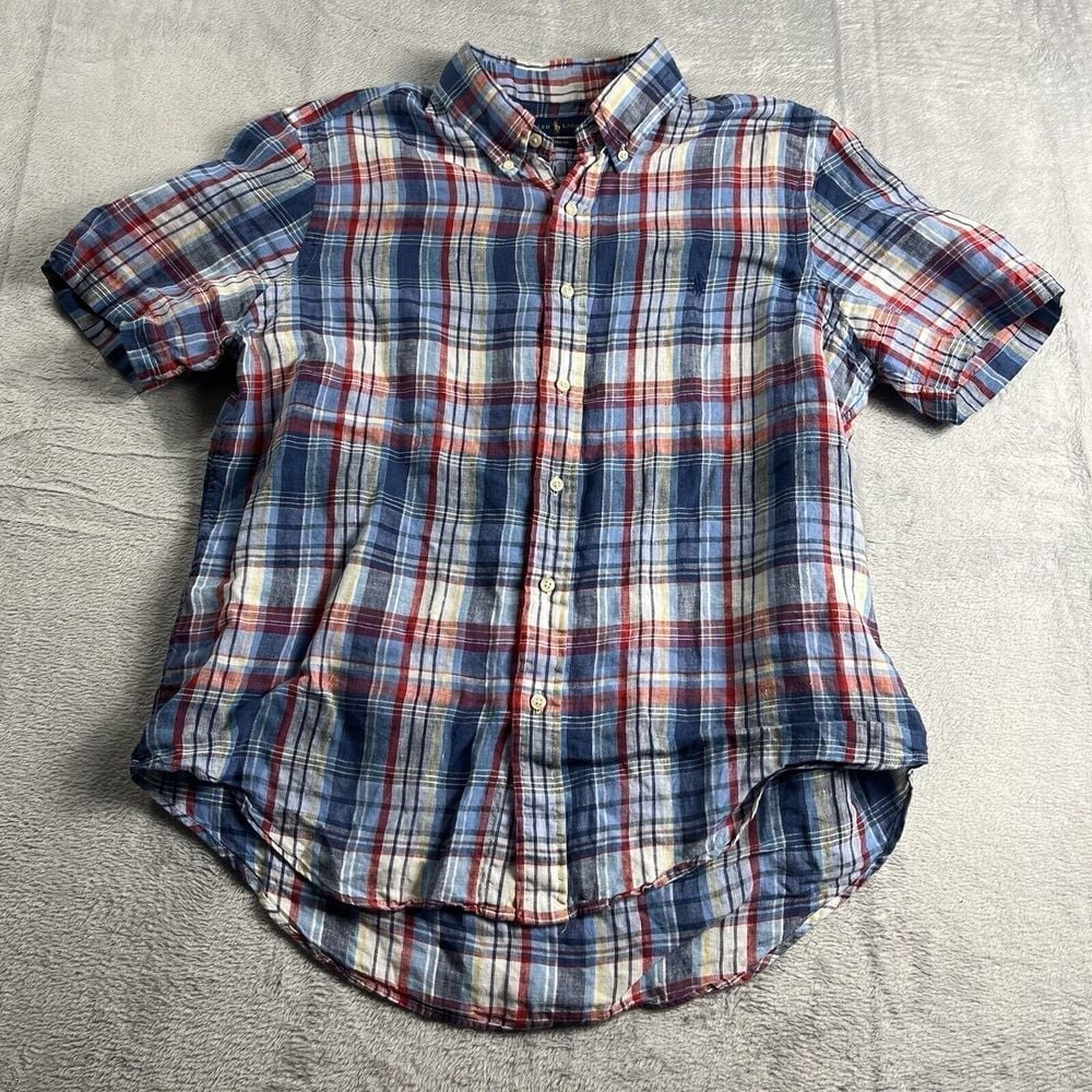 Polo Ralph Lauren Linen Button Up Shirt Large Blue Red Pony Gingham Preppy Men