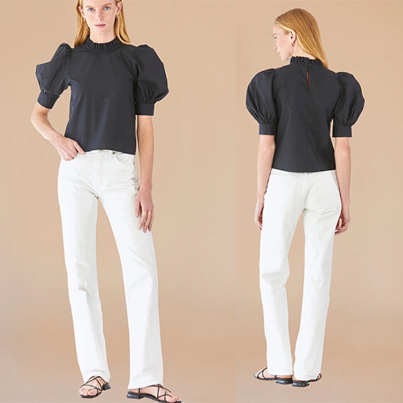 NEW Hunter Bell Stella Mock Neck 3/4 Puff Sleeve Black Blouse Top
