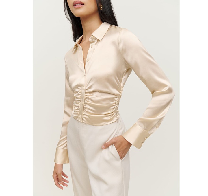 Reformation Kendall Ruched Silk Satin Blouse Ivory