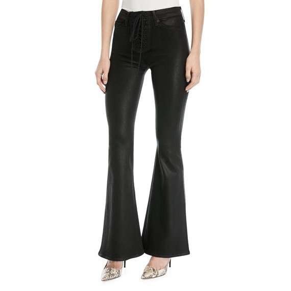 NWOT HUDSON Bullocks High-Rise Lace-Up Flared-Leg black coated Jeans SIZE 28