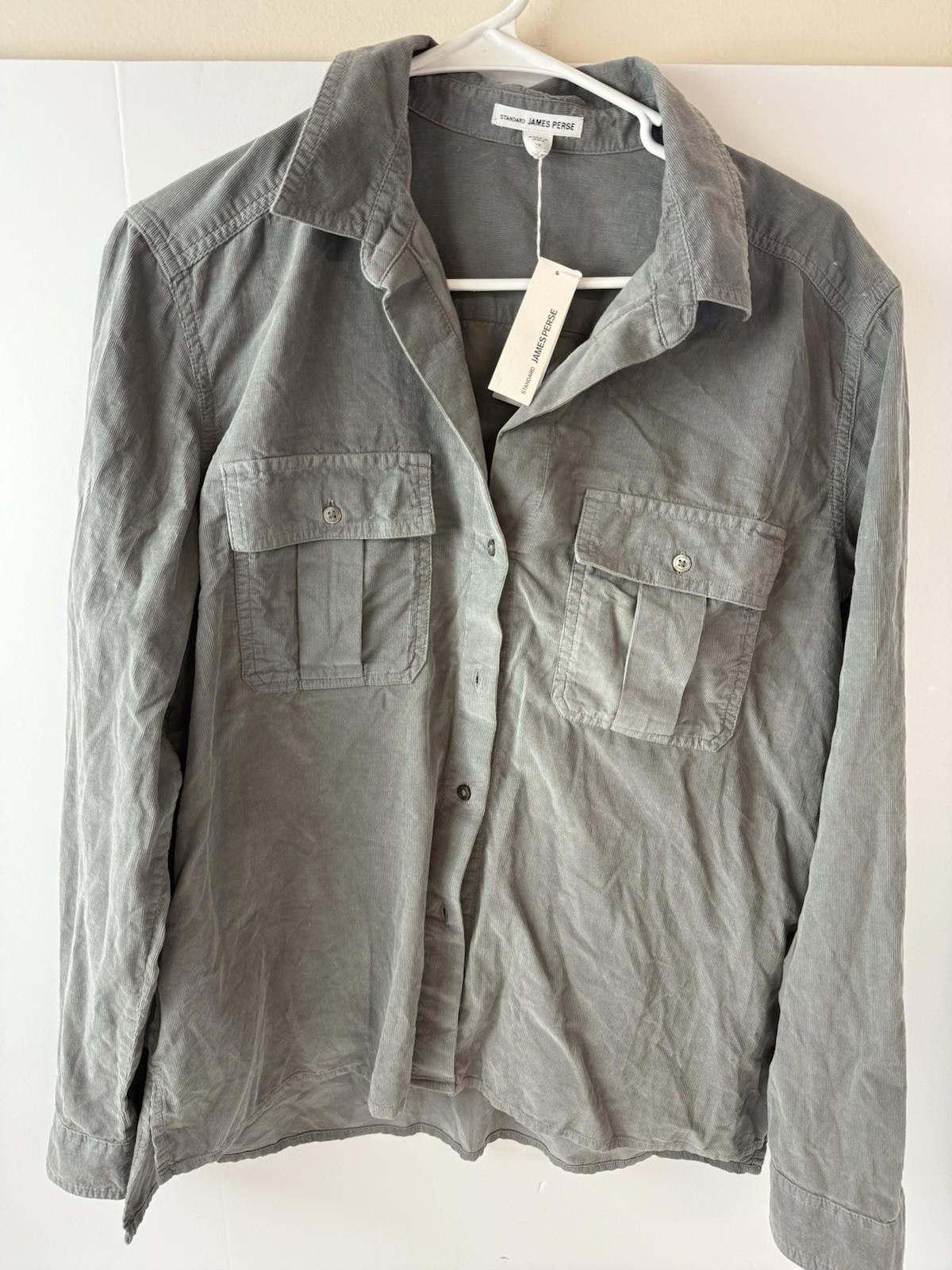 James Perse Corduroy Womens Button Down Shirt Gray V Neck Soft Blouse Top Sz L