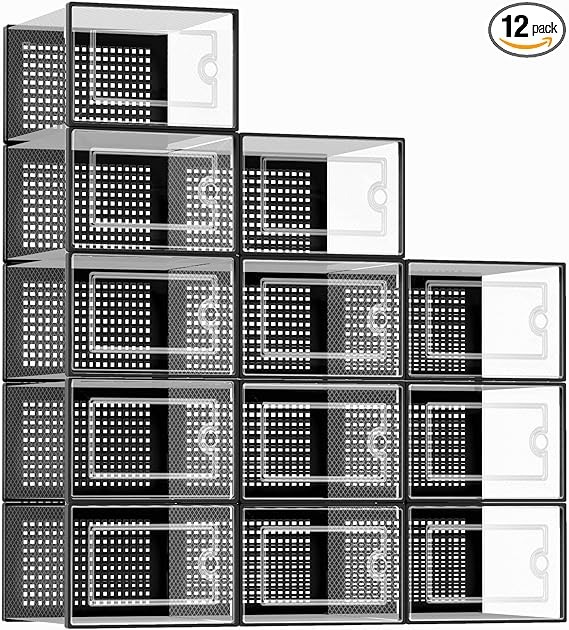 X-Large Shoe Storage Boxes Organizers for Closet 12 Pack, Clear Plastic