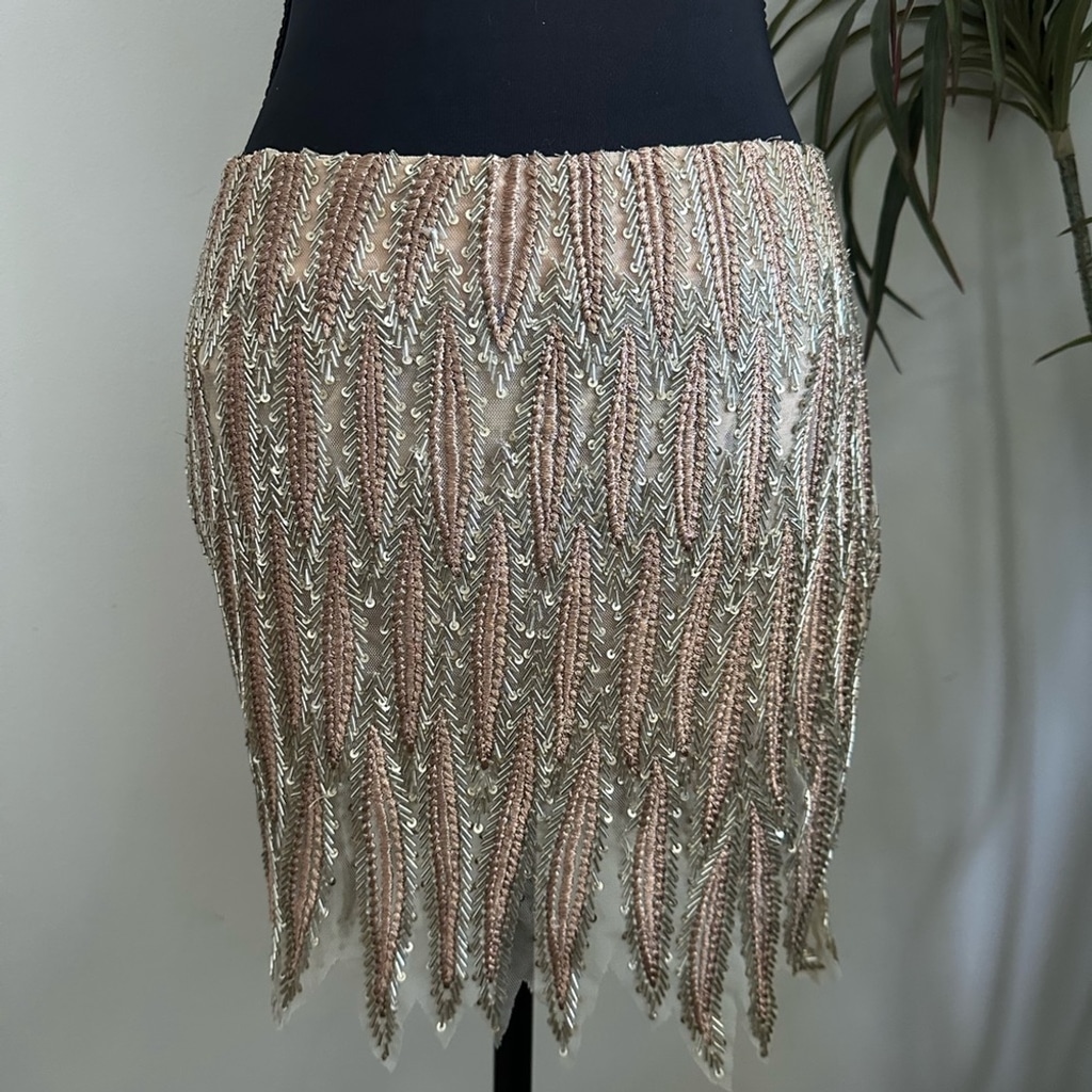 Free people, blush rose gold, metallic silver, beaded, mini skirt 2