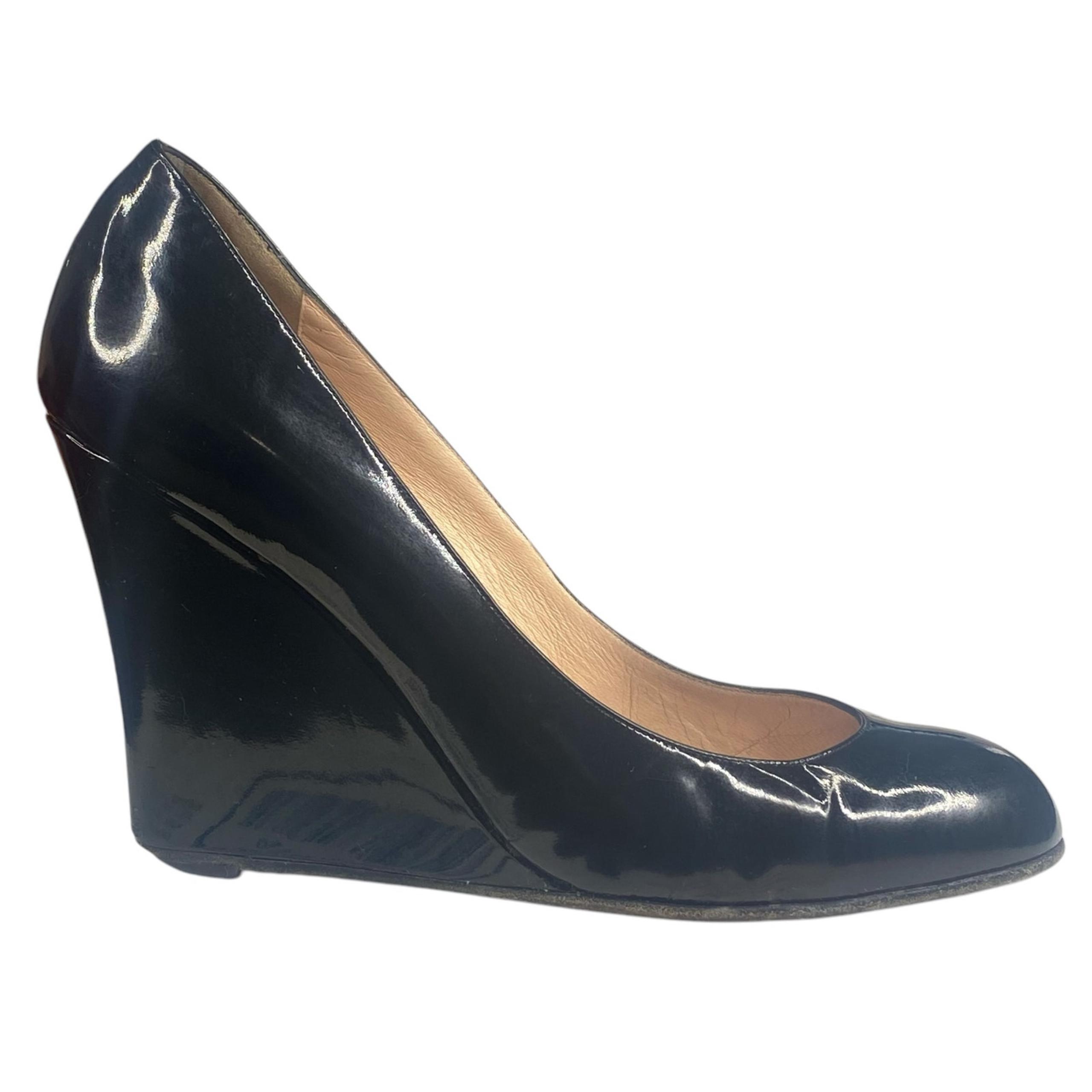 Christian Louboutin RonRon Zeppa Black Patent Leather Wedges Size 38 US 8
