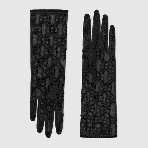 NWT GUCCI GLOVES TULLE LACE GG BLACK Sz 6.5 S