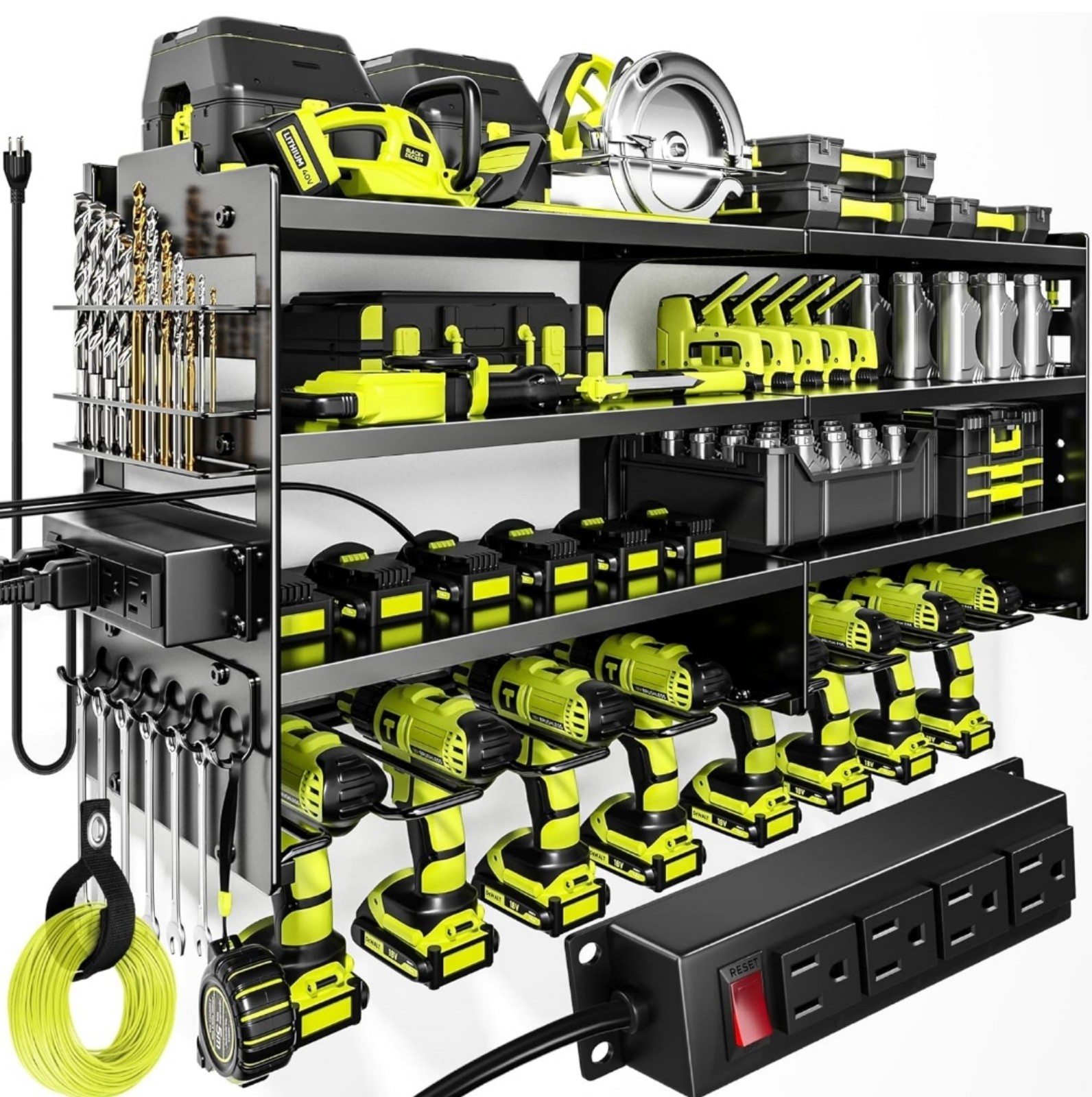 Large Power Tool Organizer Wall Mount with Charging Station,4 Layer Heavy Duty
