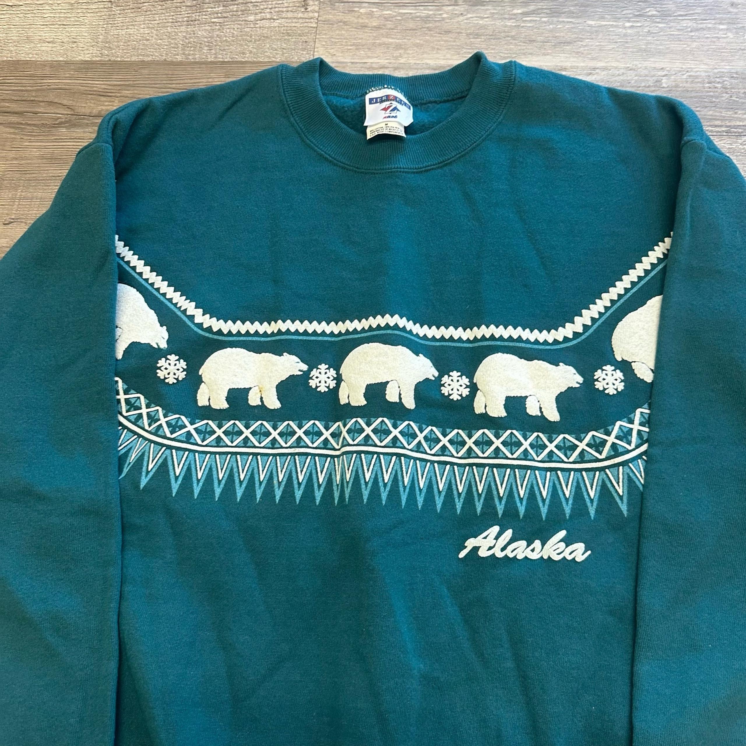 Vintage Jerzees Blue Mens M Alaska Polar Bear Pattern Graphic Sporty Sweatshirt