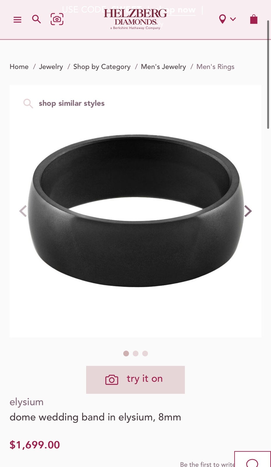 Men’s Elysium Polished Dome Wedding Band Size 10.5