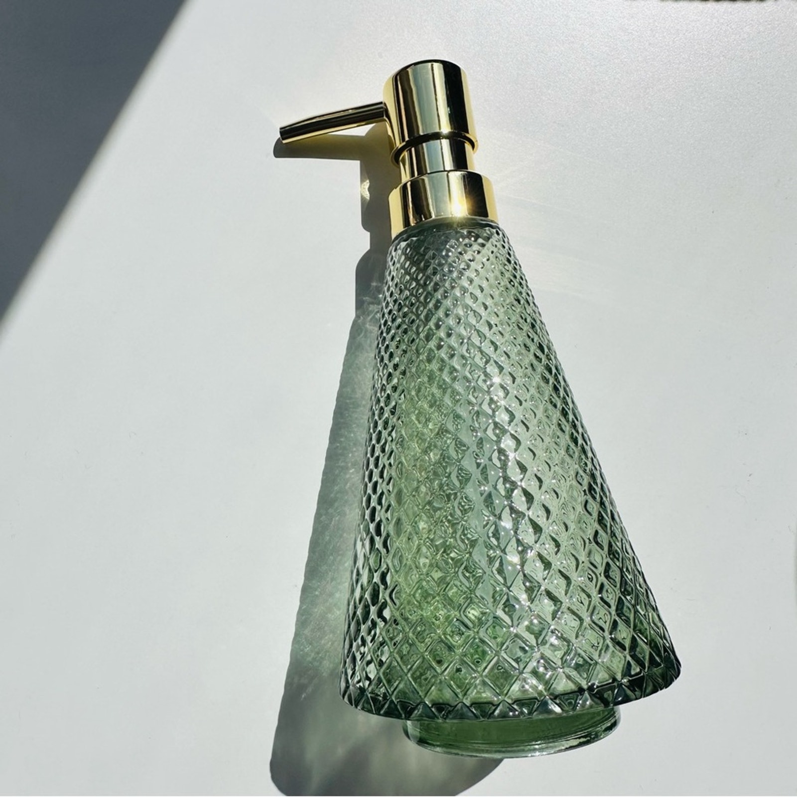 NEW West Elm Gold Green Vintage Etched Glass MidCentury Modern Soap Dispenser