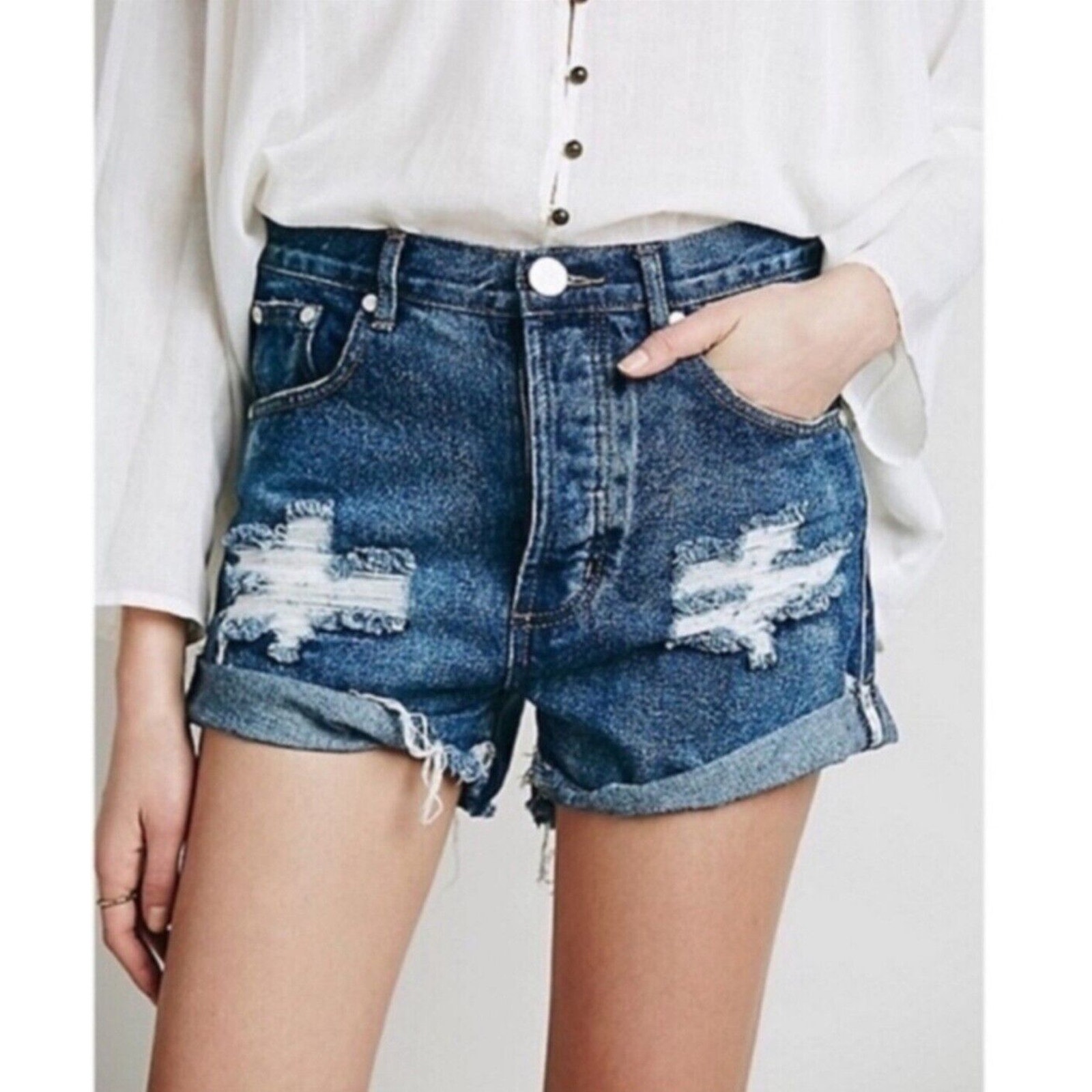 One Teaspoon Outlaws Cotton Denim Dark Wash Distressed Shorts Women's Size 25