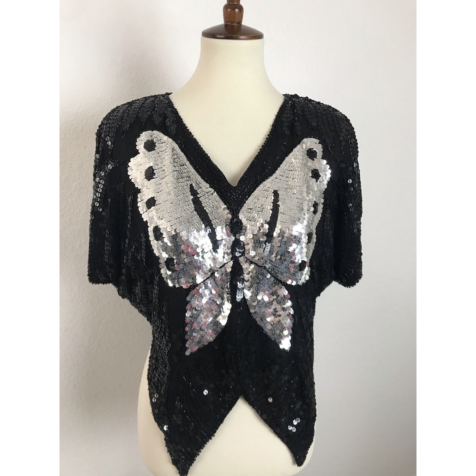 No Brand Vintage Sequin Butterfly Top Asymmetrical Silk