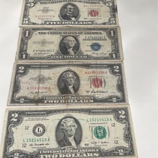 4 bills one dollar bill and two dollar bill and one five dollar bill