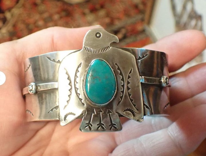 Vintage Sterling Silver Fred Harvey Style Eagle Thunder bird Turquoise Cuff