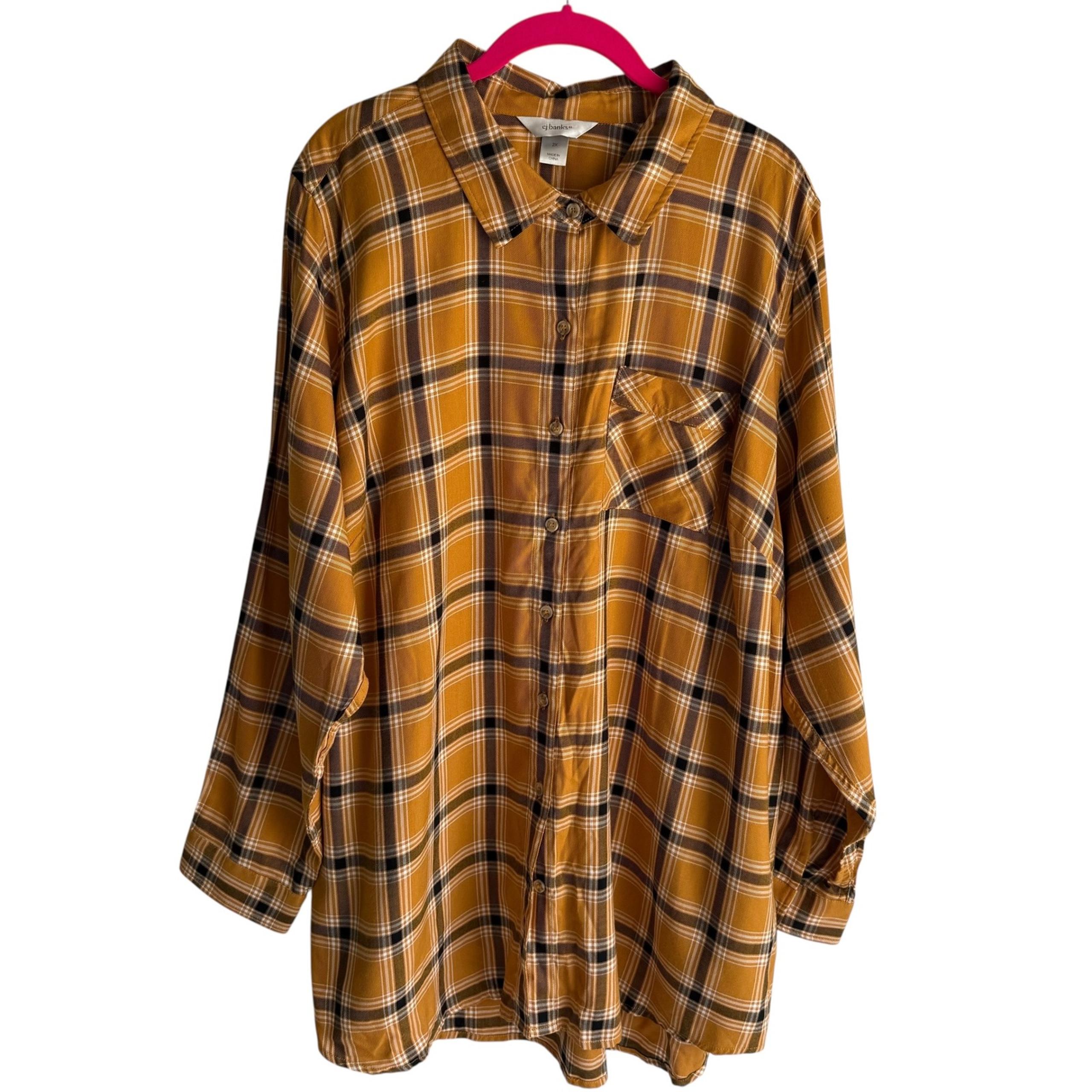 NWT CJ BANKS Mustard Black Plaid Ladies Long Sleeve Button Down, 2X