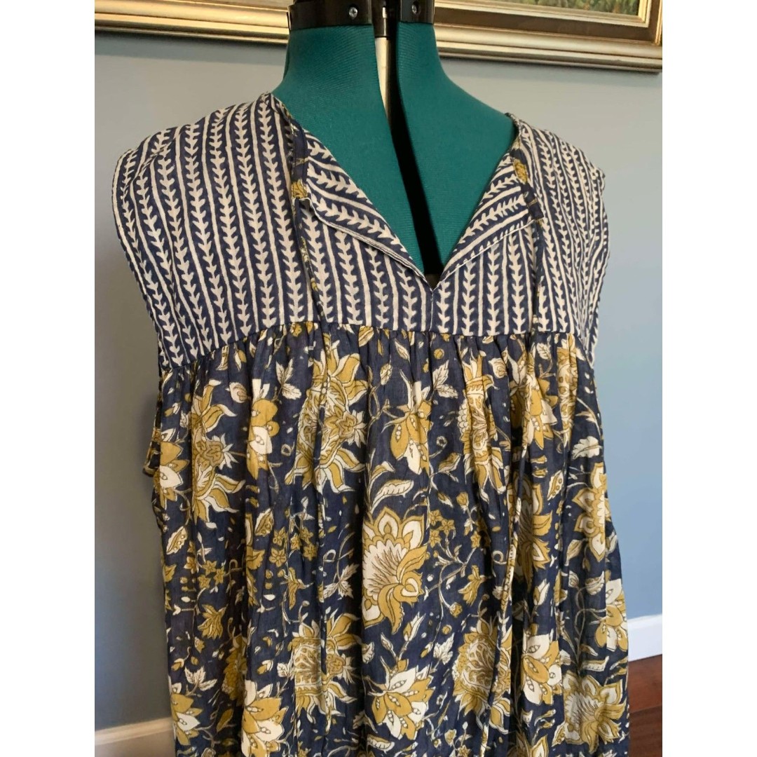 Clara the Label Hand-Block Printed Blue & Gold Sleeveless Midi Dress, size L NWT